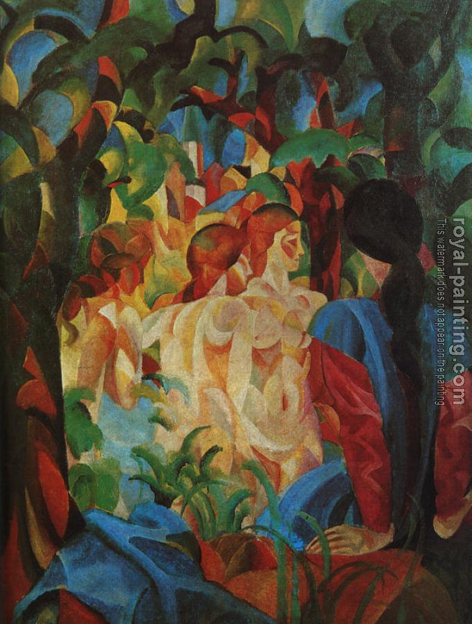 August Macke : Bathing girls with town in the backgraund